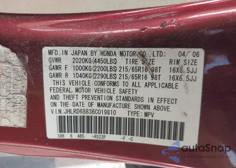 2006 Honda Cr-V Ex from USA, damaged, VIN JHLRD68836C019810
